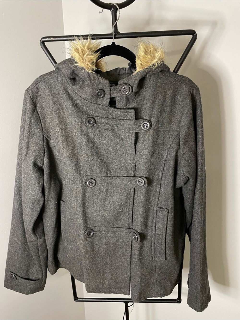 Women's Gray Hooded Wool-Blend Peacoat with Faux-Fur Trim